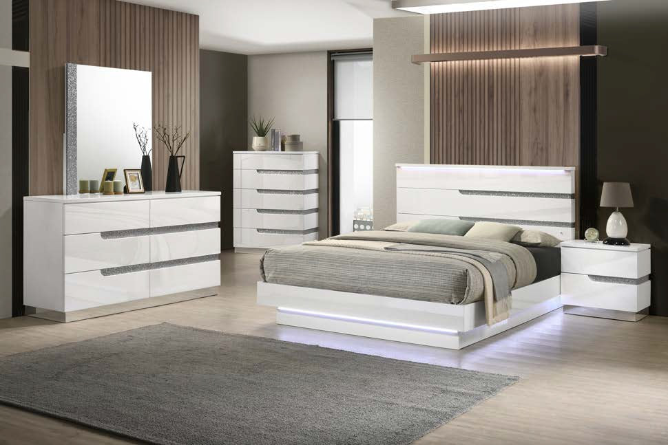 ***Early Black Friday Sale Going On Now***00-869-4PC 4 pc Paradox high gloss white finish wood queen bed set LED lighting and shimmering accents on sale at ambfurniture.com