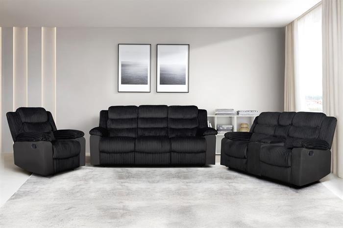 Willow-BK-SL 2 pc Willow black wide furry corduroy fabric sofa and love seat with recliner ends storage cup console on love seat