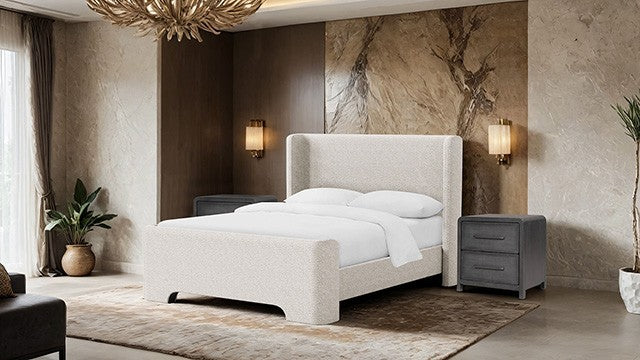 FM71007TP Malvern taupe chenille fabric upholstered queen platform bed