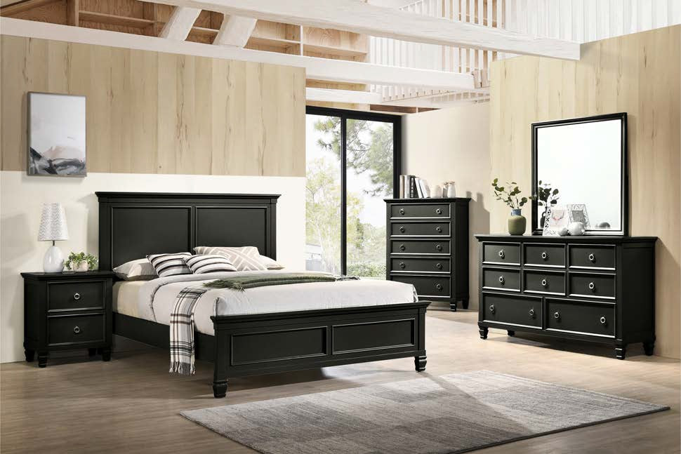 00-044B-4PC 4 pc Tamarack black finish wood paneled headboard accents queen bed set