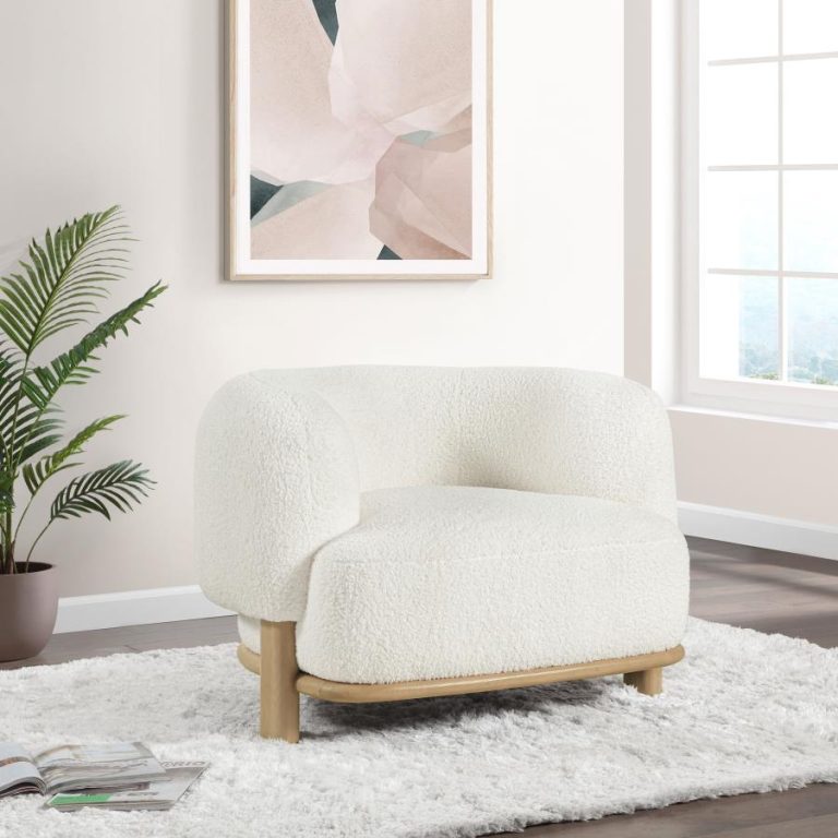 Coaster 903169 Lawler ivory boucle fabric barrel back style seating natural finish wood accent chair on sale at ambfurniture.com