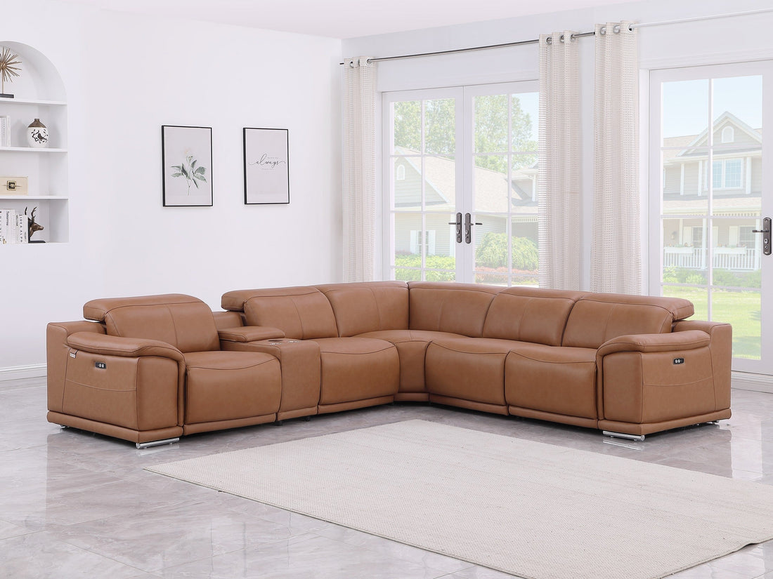 Global United 9762CG-6PC 6 pc DivanItalia cognac italian leather power reclining sectional sofa adjustable headrests.