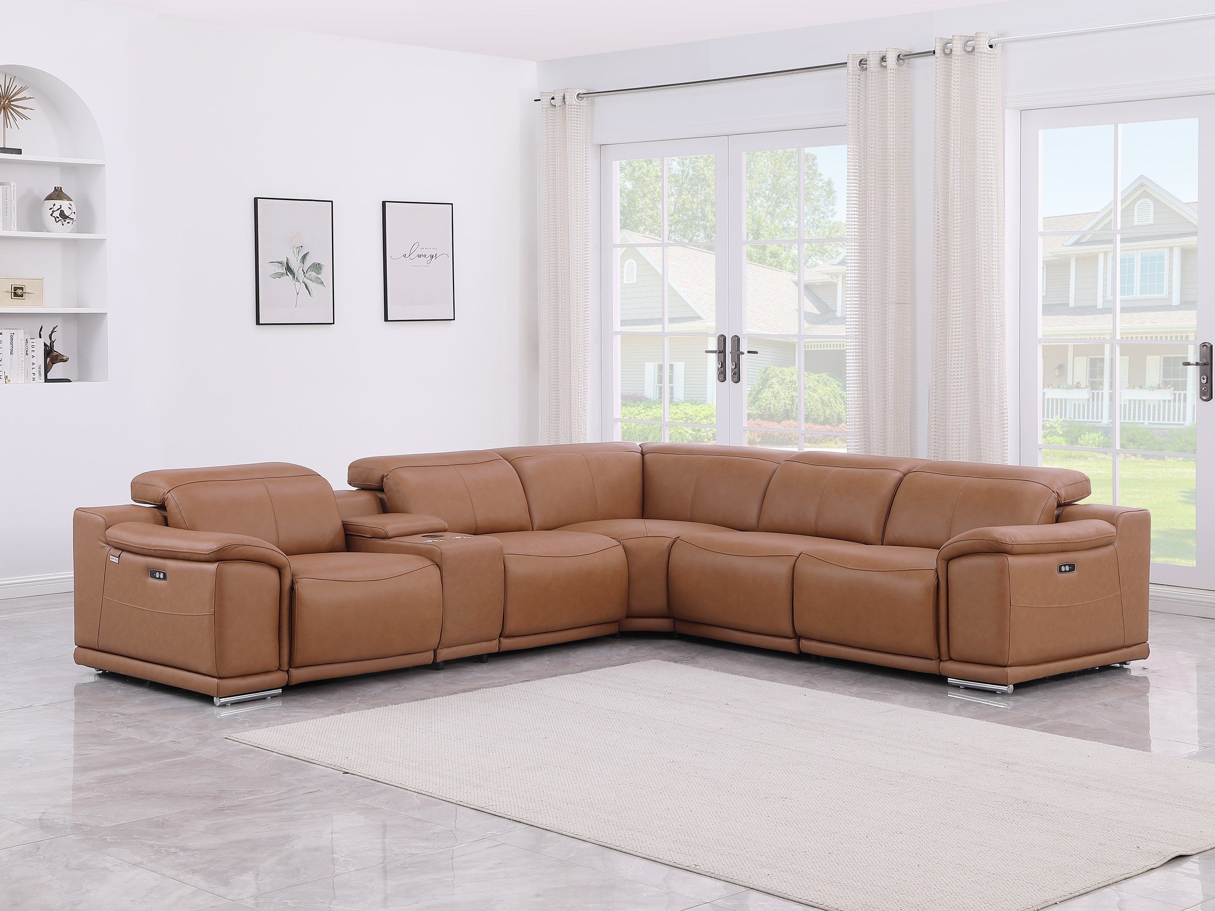 Global United 9762CG-6PC 6 pc DivanItalia cognac italian leather power reclining sectional sofa adjustable headrests.