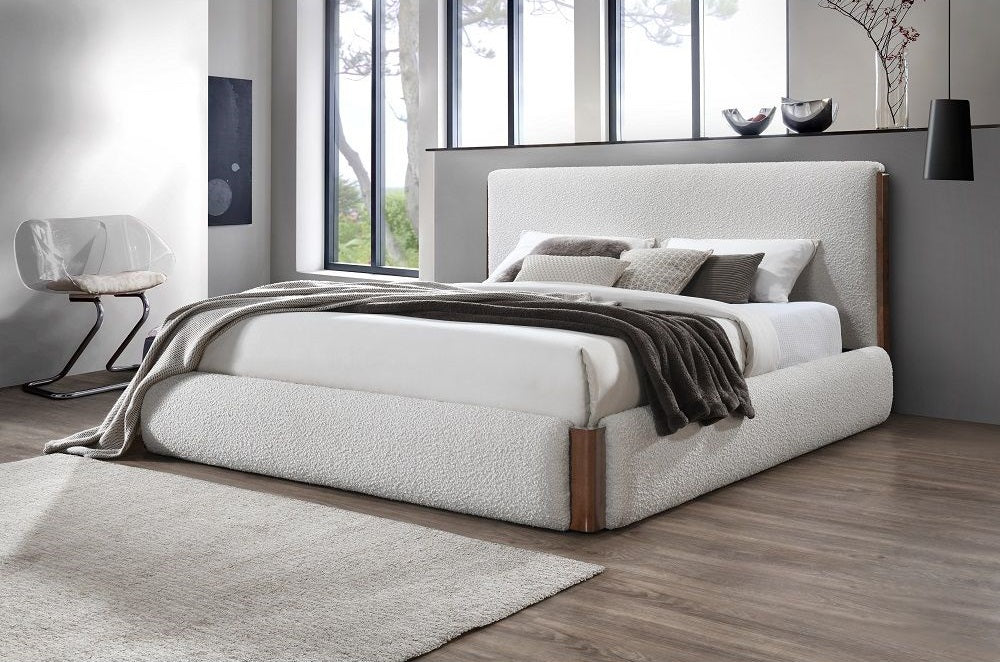 ***New Years Sale Event Going On Now***Acme BD02470Q Sandro white boucle fabric padded queen bed set walnut wood accents on sale at ambfurniture.com