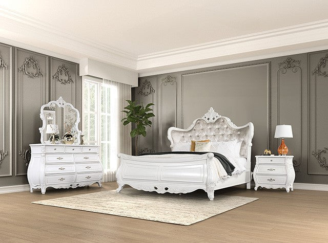 FM7419WH-4PC 4 pc Valentini white finish wood ornate carved tufted fabric curved wing headboard queen bedroom set
