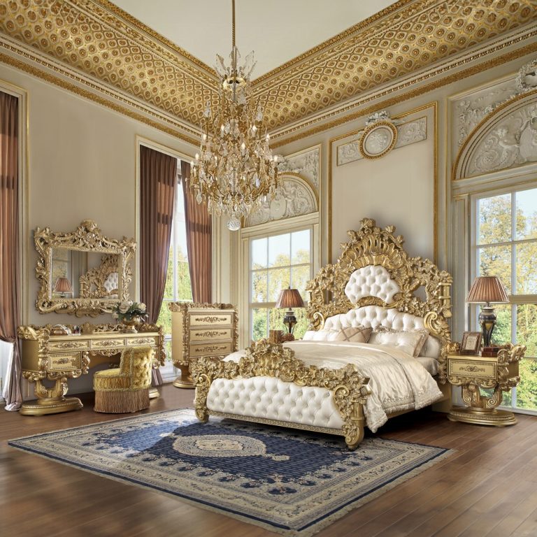 ***New Years Sale Event Going On Now***Acme BD01474EK-5PC 5 pc Bernadette gold finish wood ornately carved white faux leather tufted headboard Eastern king bedroom set on sale at ambfurniture.com