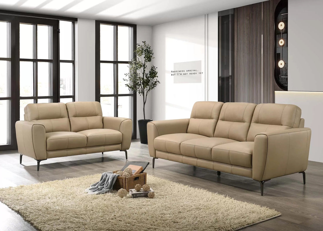 ***Early Black Friday Sale Going On Now***Poundex F8420 2 pc taupe top grain leather sofa and love seat set with flared arms and dark legs on sale at ambfurniture.com