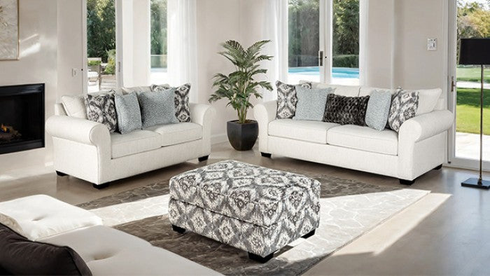 FM61113WH 2 pc Queensbury white fabric sofa and love seat set large rounded arms. ***Labor Day Sale Going On Now***Discounted Price When You Add To Cart up to 35% off. Click Acima Leasing Easy Lease and Application Process at ambfurniture.com