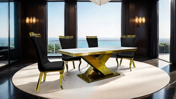FM33002GD-5PC 5 pc Palazzo gold finish base white ceramic stone top modern dining table set. ***Fall Sale Going On Now***Discounted Price When You Add To Cart up to 35% off. Click Acima Leasing Easy Lease and Application Process at ambfurniture.com