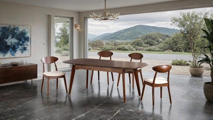 FM30007WN-T-5PC 5 pc Buren rich walnut finish wood mid-century modern 79" dining table set fabric seats
