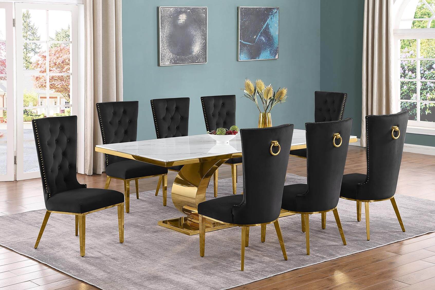 Best Quality D433-8SC336 9 pc Modern white high gloss top gold accent base 87" dining table set black chairs.