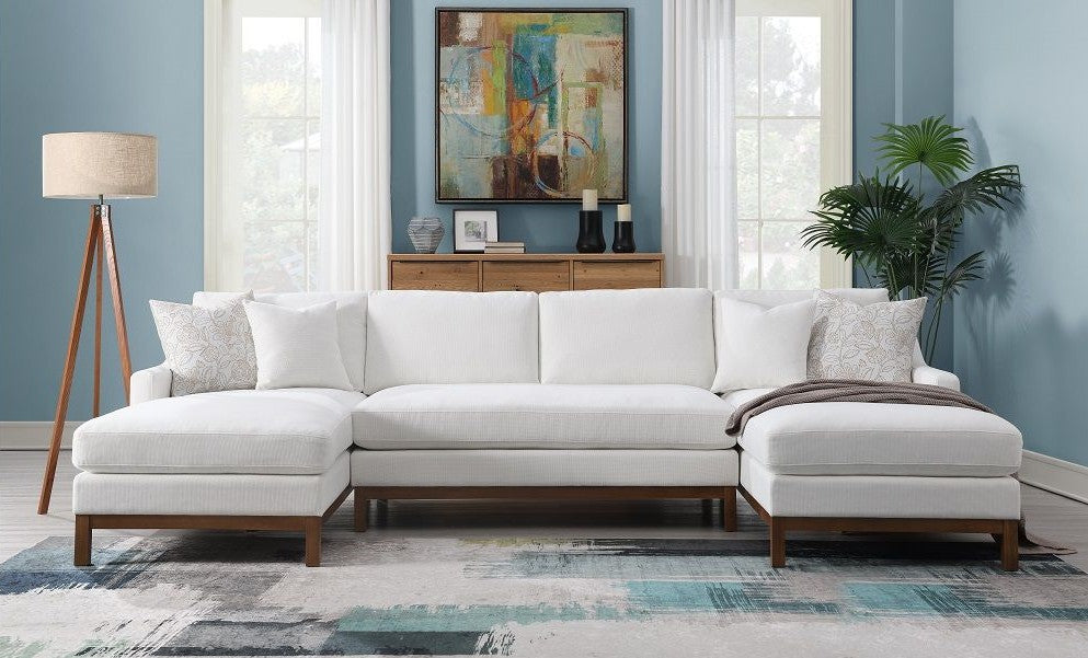 ***Early Black Friday Sale Going On Now***Acme LV01881 3 pc Orren ellis Valiant ivory chenille fabric double chaise sectional sofa with wooden base and pocket coil seating