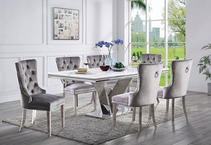 CM3294-T-7PC 7 pc valdevers modern style stainless steel chrome faux marble top dining table set. ***Fall Sale Going On Now***Discounted Price When You Add To Cart up to 35% off. Click Acima Leasing Easy Lease and Application Process at ambfurniture.com