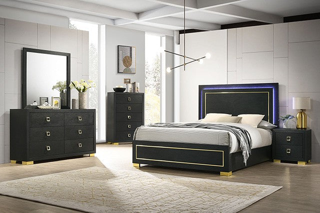 ***Early Black Friday Sale Going On Now***FM7270BK-4PC 4 pc Latimer black finish wood gold trim accents LED lighting queen bedroom set on sale at ambfurniture.com