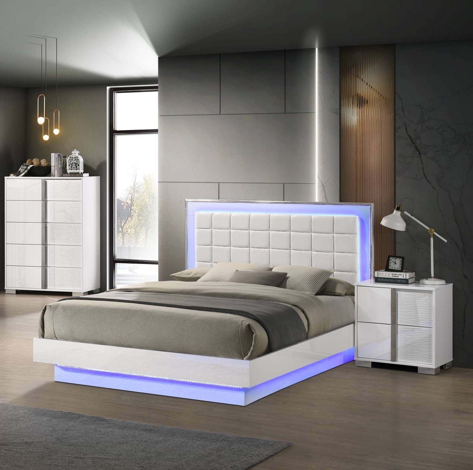 ***Early Black Friday Sale Going On Now***B750-4PC 4 pc Elma white high gloss lacquer finish faux leather queen platform bedroom set with LED on sale at ambfurniture.com