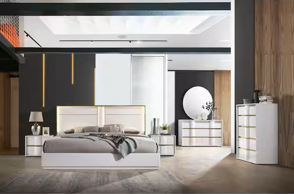 ***Early Black Friday Sale Going On Now***Best Master Havana 4 pc Orren ellis kumail Havana white high gloss finish wood with gold trim modern style queen bed set on sale at ambfurniture.com
