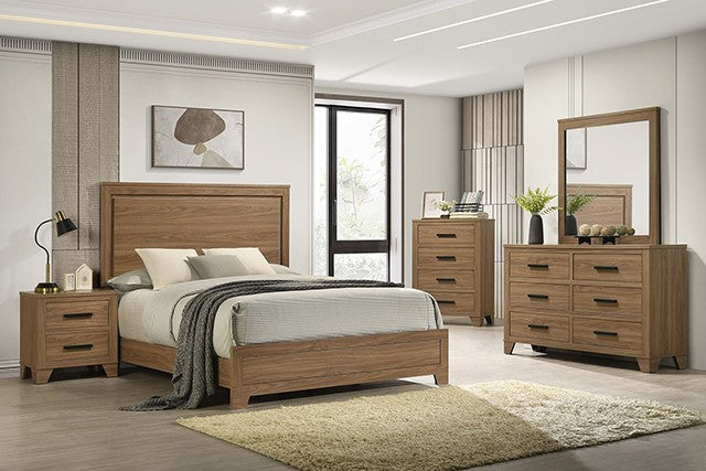 FM72017BR-4PC 4 pc Panelli chestnut finish wood recessed panel headboard queen bedroom set