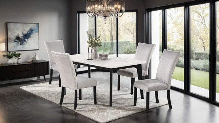 FM3330BK-T-5PC 5 pc Sabro black finish wood white rectangular marble top dining table set