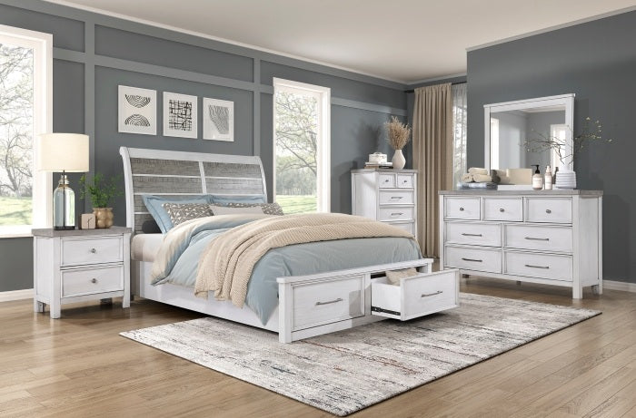 Homelegance 1303-4PC 4 pc Ambrose antique white and grey finish wood bedroom set with underbed drawers.