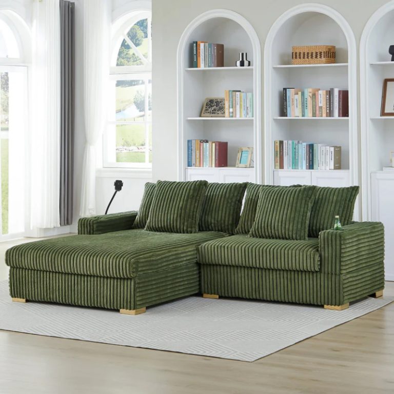 ***Early Black Friday Sale Going On Now***L9021OLV 2 pc Olive green wide corduroy fur fabric sectional sofa with wide chaise and cup holders built in phone holder on sale at ambfurniture.com