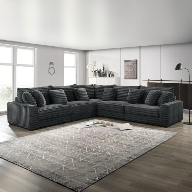 Embrace-DG-5PC 5 pc Embrace dark grey wide corduroy fabric modular sectional sofa with large square arms