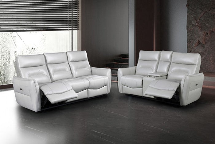 FM69006TP-2PC 2 pc Terentius taupe leather match sofa and love seat set power recliner ends with cup console