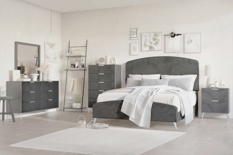00-4378G-4PC 4 pc Kailani grey finish wood grey fabric upholstered headboard queen bed set silver accents