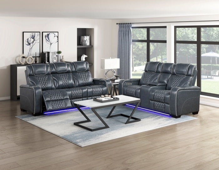Homelegance 8449BU-2PC 2 pc Apex blue top grain leather match diamond pattern power reclining sofa and love seat set LED and USB