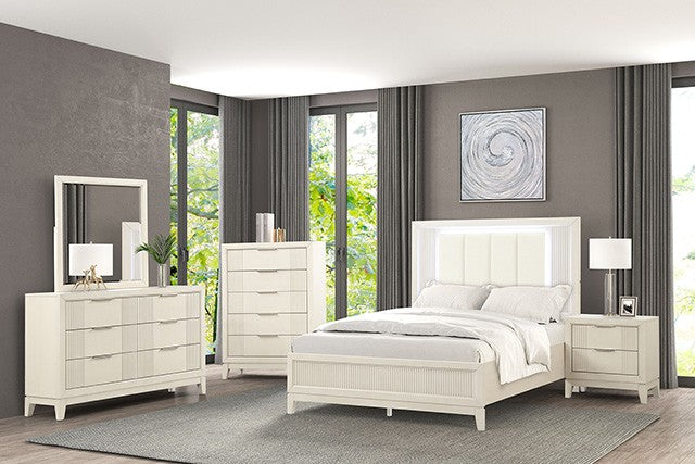 ***New Years Sale Event Going On Now***FM7700WH-4PC 4 pc Isadora antique white finish wood channel tufted fabric led lighting trim queen bed set on sale at ambfurniture.com