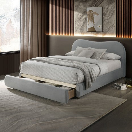FM72019LG Grimsby light grey velvet fabric upholstered curved back style queen bed storage footboard