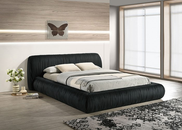 ***New Years Sale Event Going On Now***FM72006BK Palmdale black pleated fabric low rise platform queen bed frame mattress ready on sale at ambfurniture.com