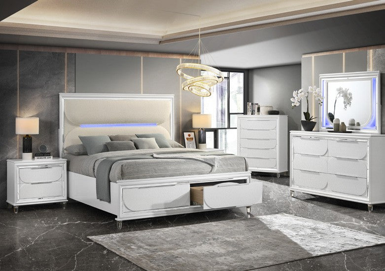 ***Early Black Friday Sale Going On Now***Florence-4PC-CK 4 pc Florence pearl white finish wood fabric upholstered headboard LED lighting Cal King bed set on sale at ambfurniture.com