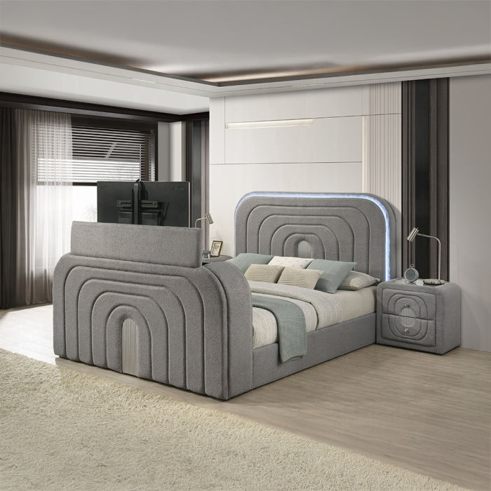 Acme BD05652Q Shelyn grey teddy bear sherpa fabric upholstered queen bed set LED , Fireplace and TV Lift