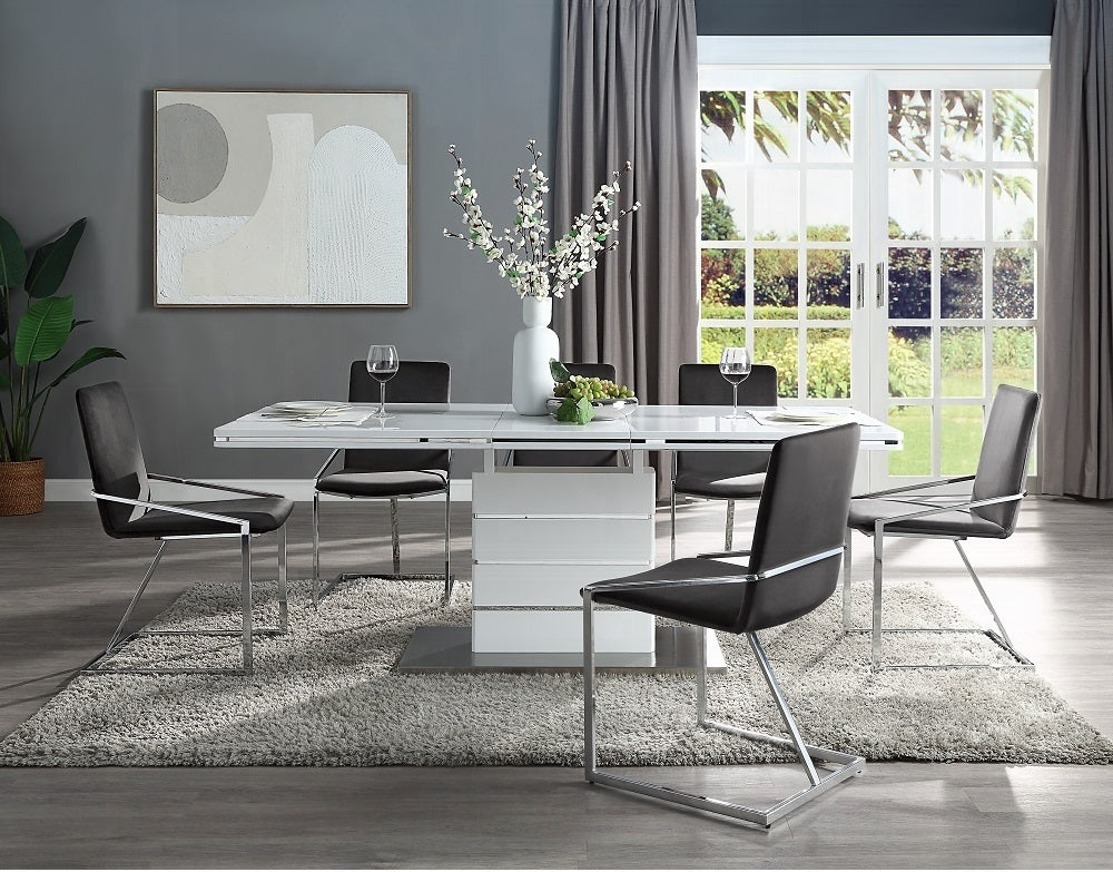 Acme DN02143-2235-7PC 7 pc Gracie oaks Kameryn modern glossy white finish wood dining table set grey velvet chairs. Nerissa