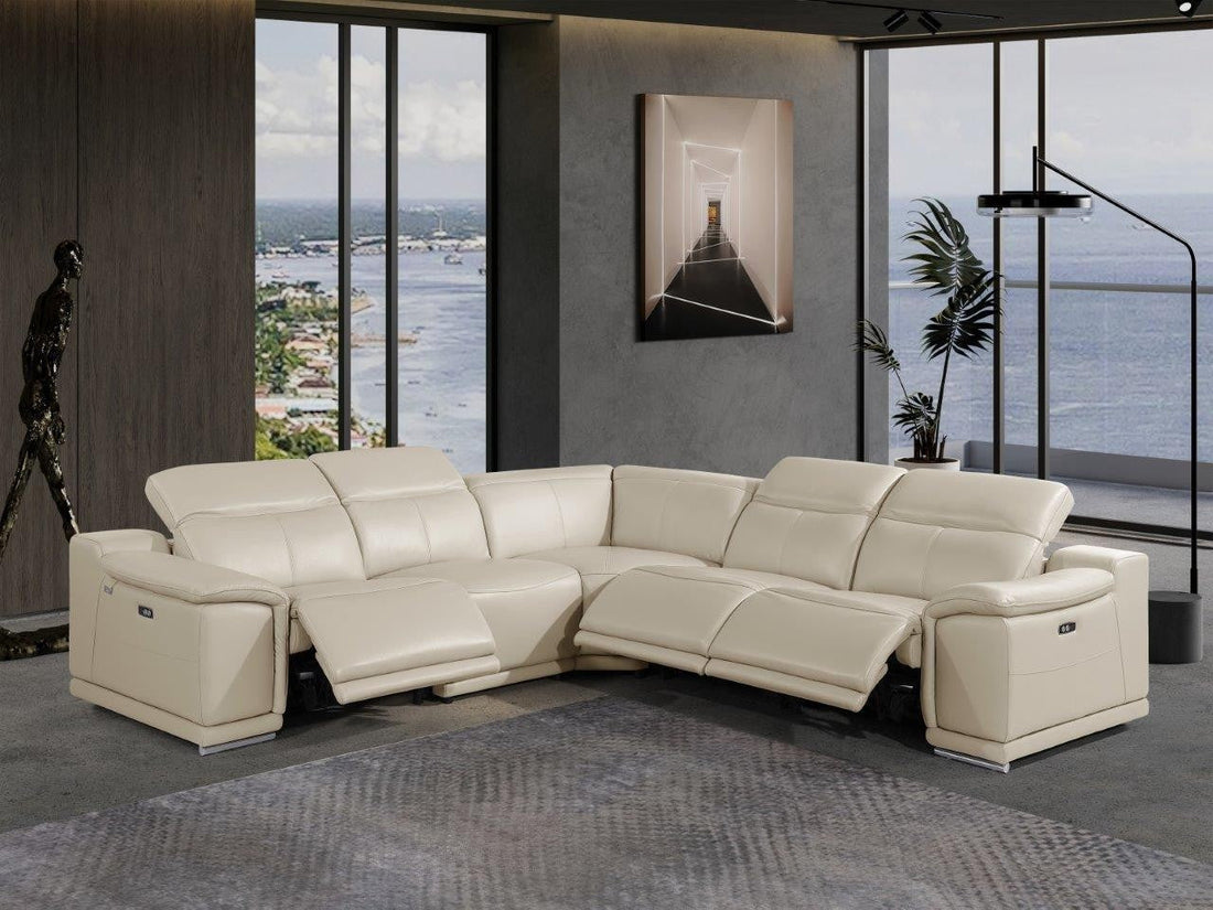 Global United 9762BG-5PC 5 pc DivanItalia beige italian leather power reclining sectional sofa adjustable headrests. 