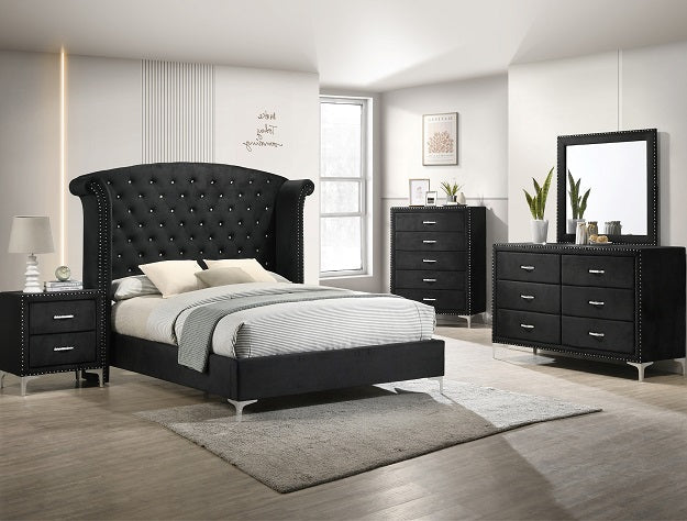 ***Early Black Friday Sale Going On Now***B9265 4 pc lucinda black velvet tufted upholstered queen bedroom set nail head trim on sale at ambfurniture.com