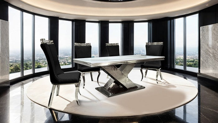 FM33002SV-5PC 5 pc Palazzo silver finish base white ceramic stone top modern dining table set. ***Fall Sale Going On Now***Discounted Price When You Add To Cart up to 35% off. Click Acima Leasing Easy Lease and Application Process at ambfurniture.com