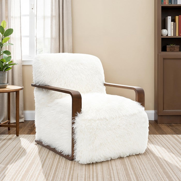 ***Christmas Sale Going On Now***FM-AC6006WH Elardo white furry fabric yeti accent chair dark walnut exposed wood arms on sale at ambfurniture.com