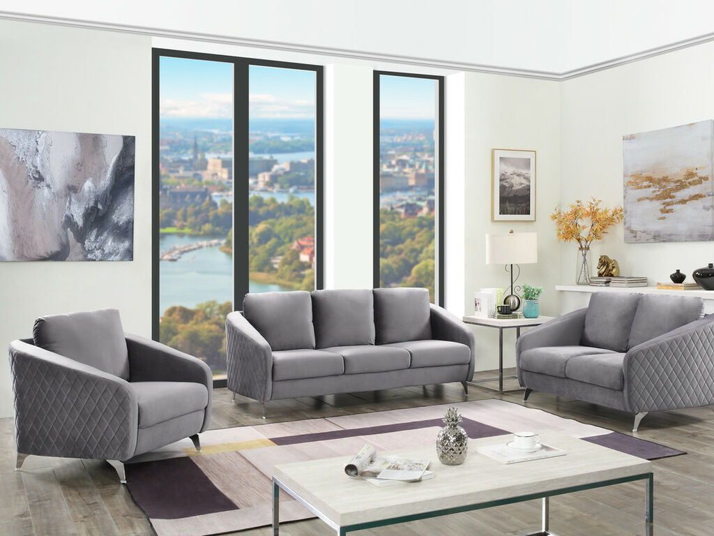 89720 2 pc Sofia grey velvet fabric diamond pattern sofa and love seat set with metal legs on sale at ambfurniture.com