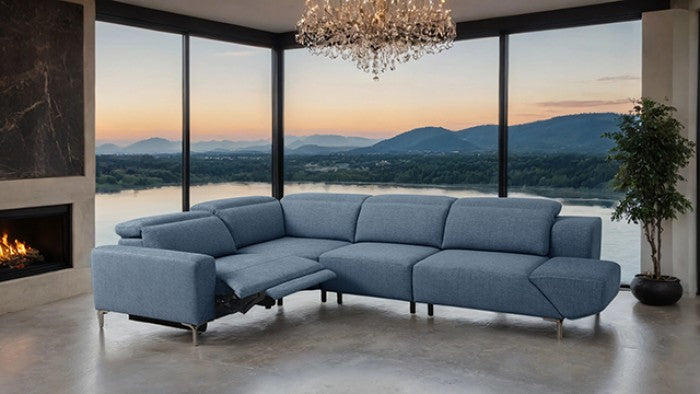 CM9933BL-SECT-PM 2 pc Melancton blue fabric 123.5" sectional sofa set with power motion recliner adjustable headrests