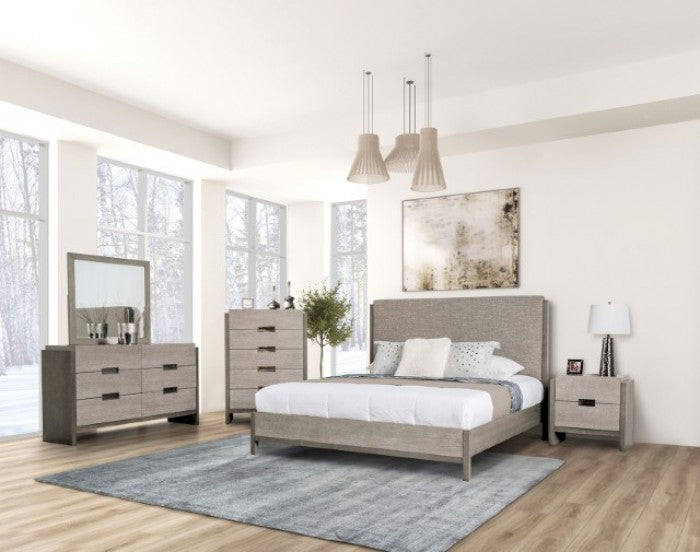 FM7597GY-4PC 4 pc Grimsby stone grey finish wood padded headboard and footboard queen bedroom set