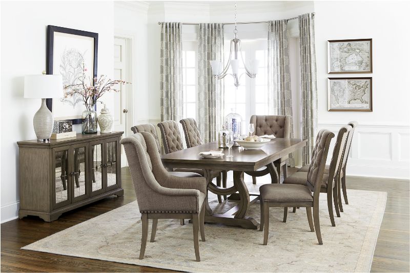 7 pc Vermillion oak bisque finish wood trestle base dining table set. ***Labor Day Sale Going On Now***Discounted Price When You Add To Cart up to 35% off. Click Acima Leasing Easy Lease and Application Process at ambfurniture.com