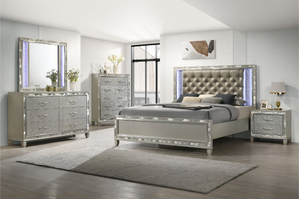 00-976S-4PC 4 pc Radiance silver finish wood tufted queen bed set LED lighting and shimmering accents