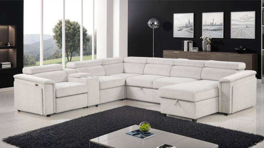 Harvey-BEG 4 pc Harvey beige fabric sectional sofa with storage chaise with pop up sleep area in center USB plugs and power recliner