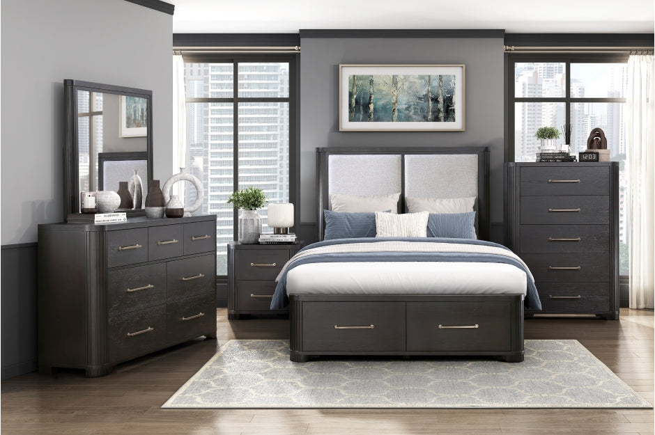 Homelegance 1381-4PC 4 pc Gilbert charcoal finish wood queen bedroom set with underbed drawers. 