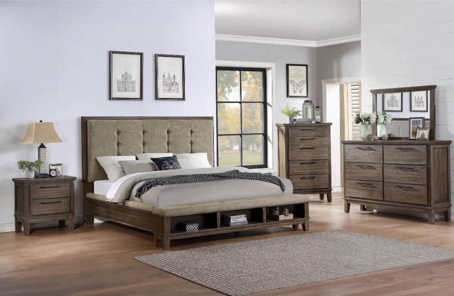 00-594G-4PC 4 pc Cagney vintage grey finish wood farmhouse style fabric upholstered headboard queen bed set. 