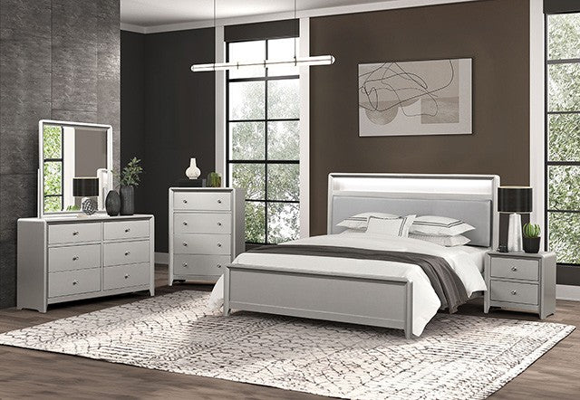 ***Early Black Friday Sale Going On Now***FM7170CPN 4 pc Bryne champagne finish wood bookcase LED lighting queen bedroom set USB plugs on sale at ambfurniture.com