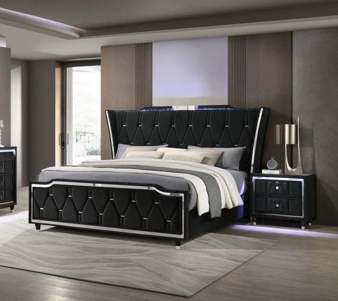 ***Christmas Sale Going On Now***Coaster 223161Q-S4 4 pc Lorient black fabric upholstered LED accents flared headboard queen bedroom set on sale at ambfurniture.com