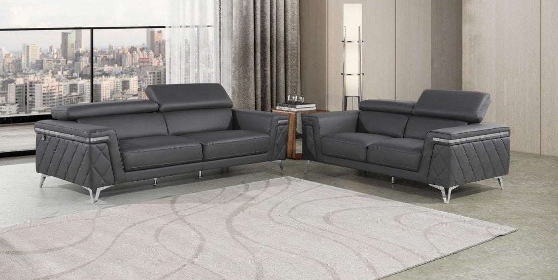 ***Christmas Sale Going On Now***Global United 1140-DK-2PC 2 pc Divanitalia dark grey top grain italian leather sofa and love seat set with diamond stitching and chrome legs on sale at ambfurniture.com
