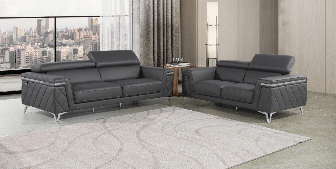 ***Christmas Sale Going On Now***Global United 1140-DK-2PC 2 pc Divanitalia dark grey top grain italian leather sofa and love seat set with diamond stitching and chrome legs on sale at ambfurniture.com